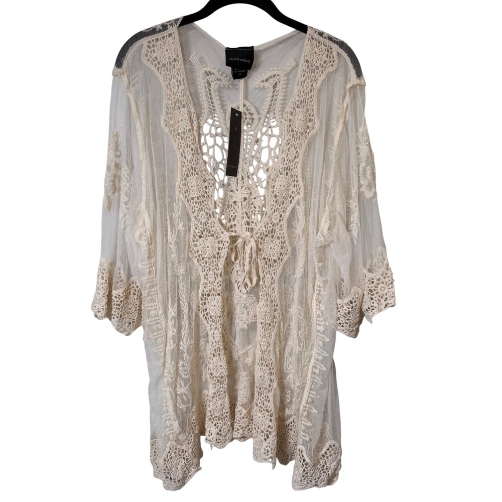 Boho Cottagecore Ivory Lace Sheer Kimono Cardigan (2X) Crochet Duster Festival